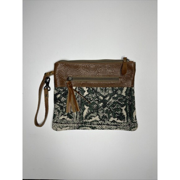 Myra Bag Handbags - Myra Bag Wristlet Medieval Tapestry Green Beige Leather Boho Hope Purse